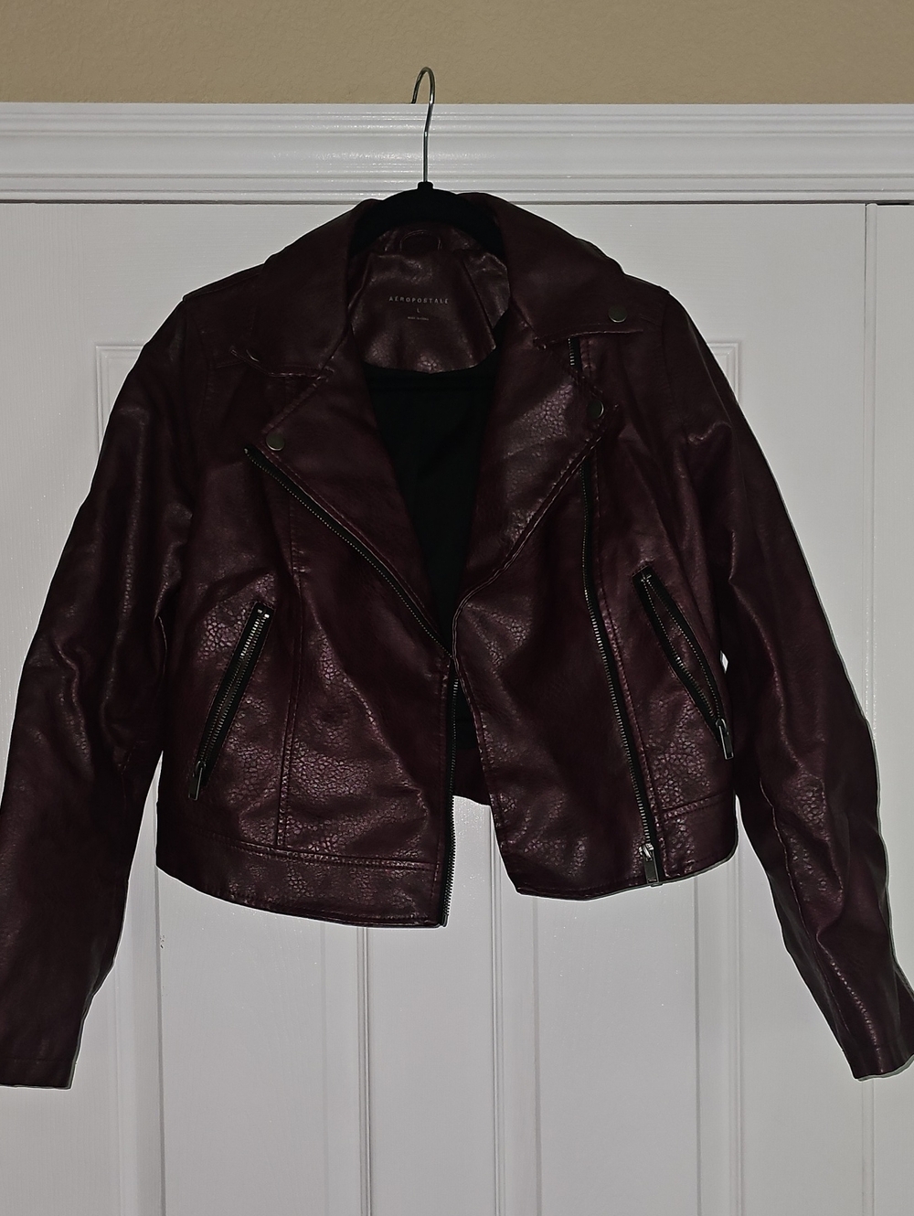 Aeropostale Women's Dark Burgundy Faux Leather Moto Jacket